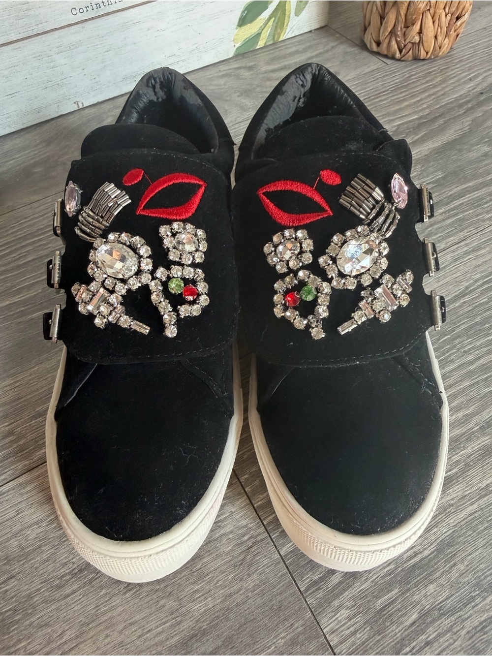 Pazzle Black Faux Suede Rhinestone Embellished VeIcro Buckle Sneaker. Size 6.5